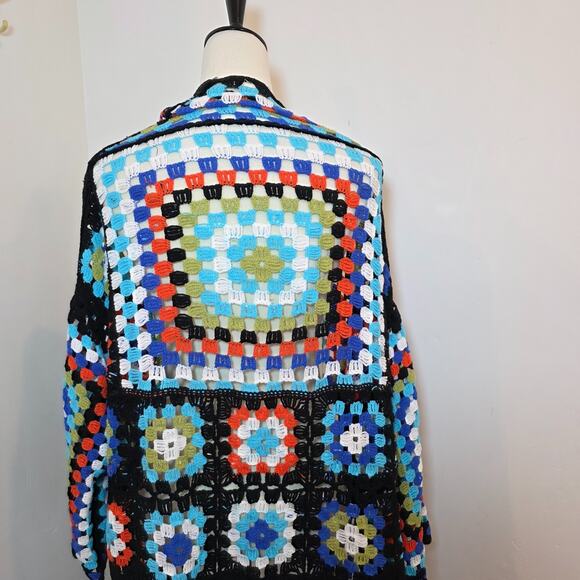POL Boho Crochet Granny Square Long Kimono Cardigan Multicolor 0S - Picture 7 of 10